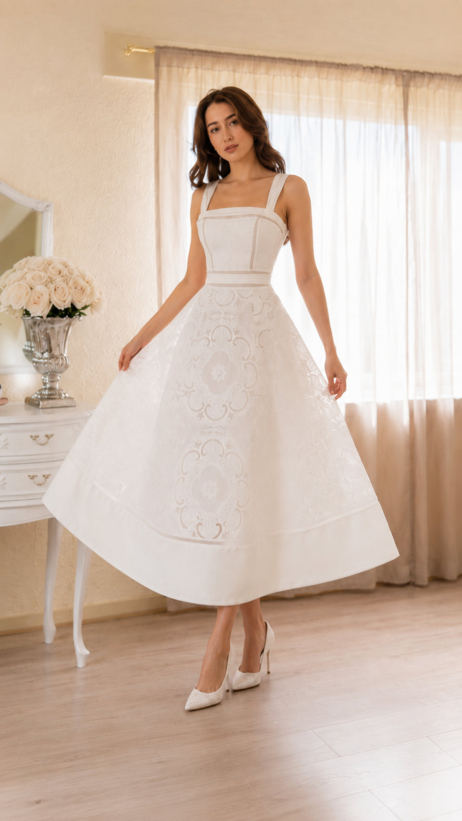 Elegant Ivory Embroidered Midi Dress