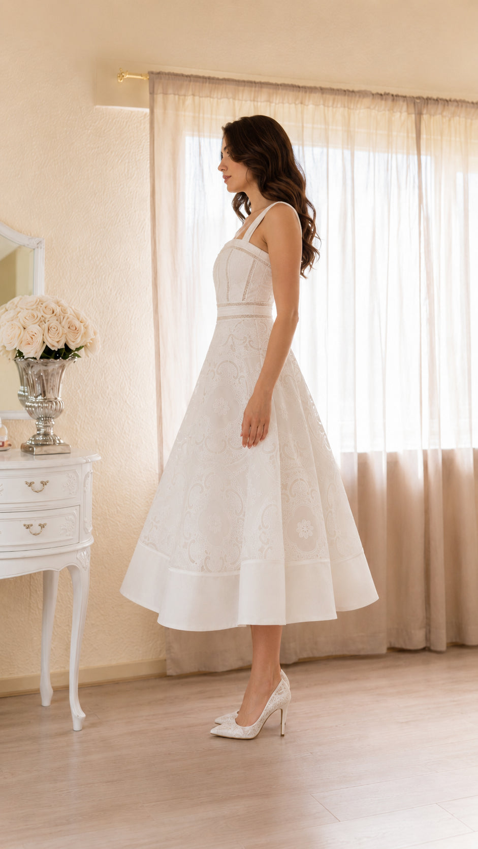 Elegant Ivory Embroidered Midi Dress