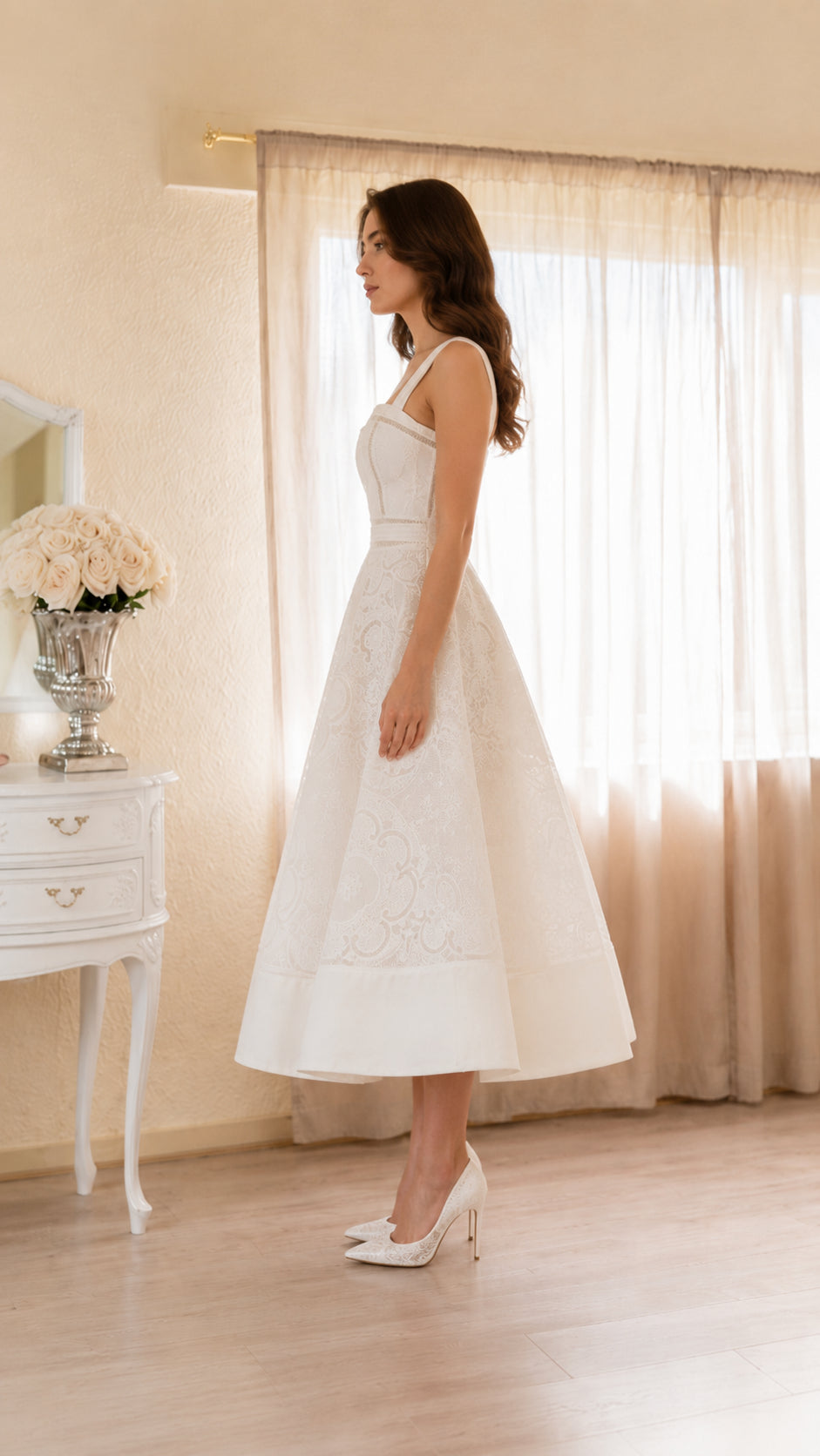 Elegant Ivory Embroidered Midi Dress