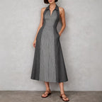 Womens Shirts Collar Defined Waistline Striped Long Swing Dress