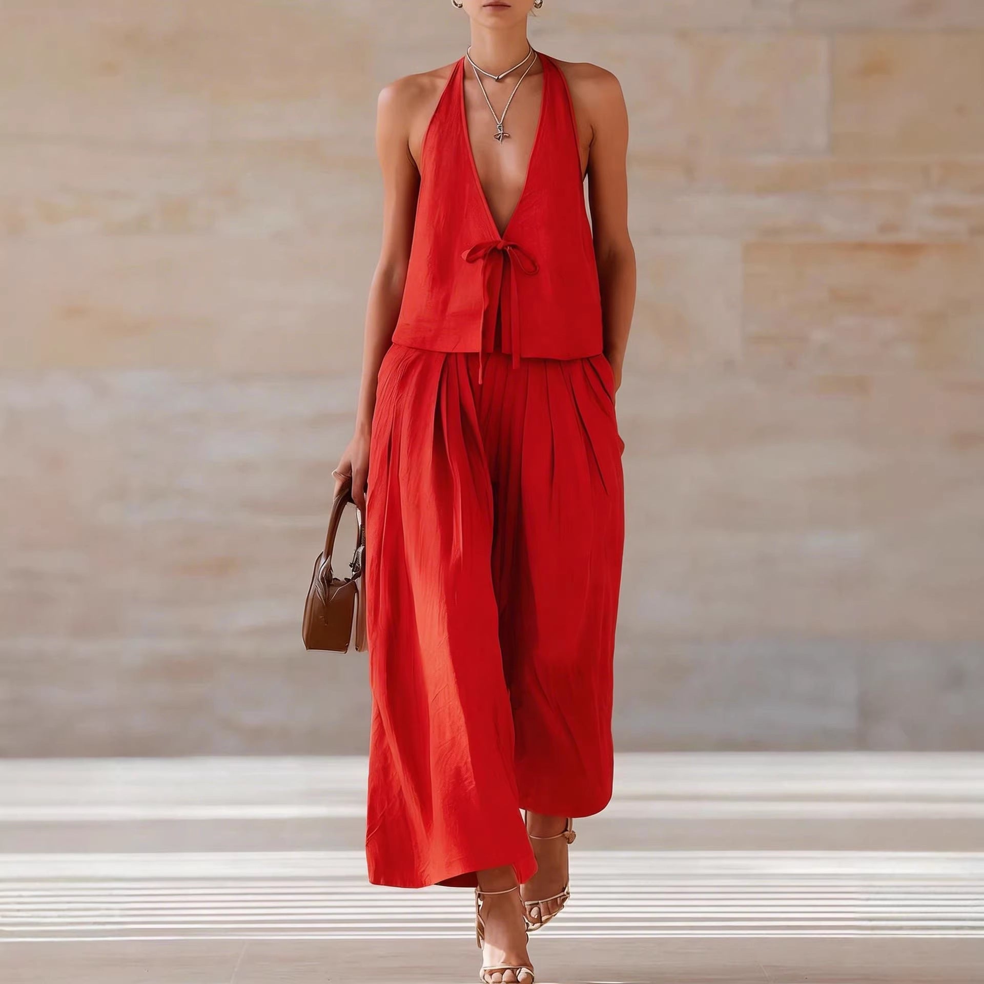 Fashionable Casual Sleeveless Vest And Loose Wide-Leg Pants Womens Set