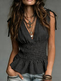 V-neck Strap Vest With Ruching And A Fitted Waist Top