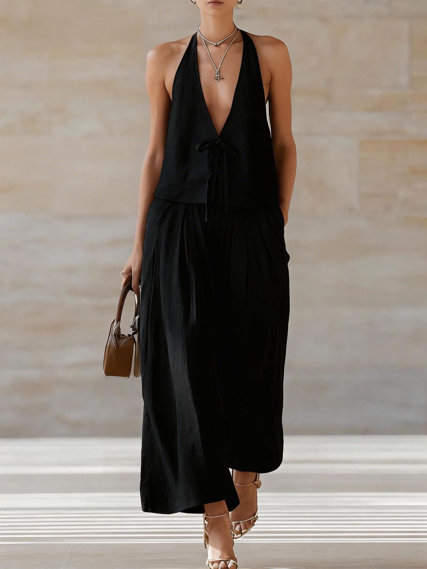 Fashionable Casual Sleeveless Vest And Loose Wide-Leg Pants Womens Set