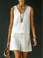Sleeveless Linen Cotton Top Vest And Shorts Womens Solid Color Two-Piece Set