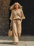 Womens Simple Button-Up Top And Wide-Leg Pants Linen Two-Piece Set