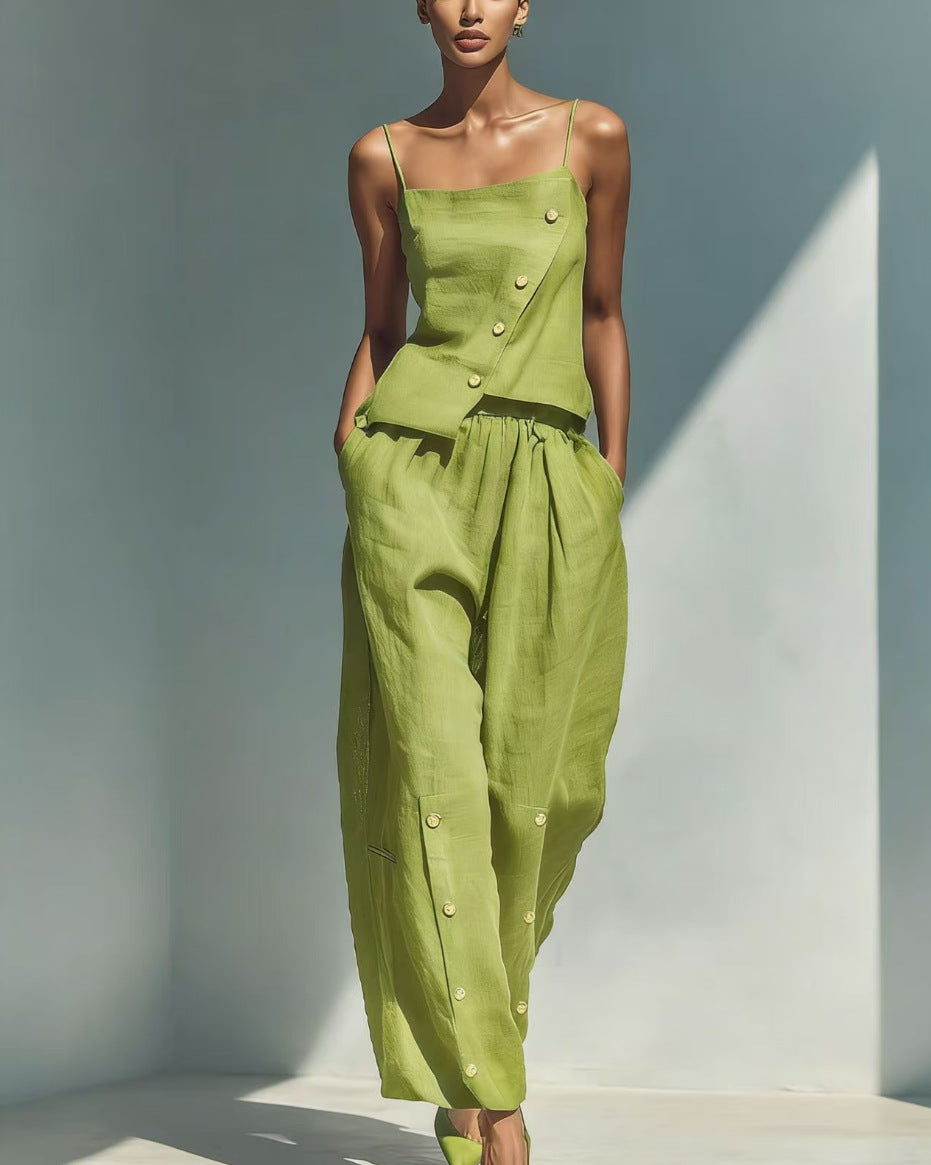 Gold-buckle Decorated Camisole And Pants Set
