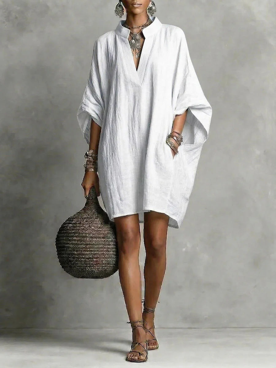 Womens SpringSummer Casual Mid-Sleeve Solid-Color Dress