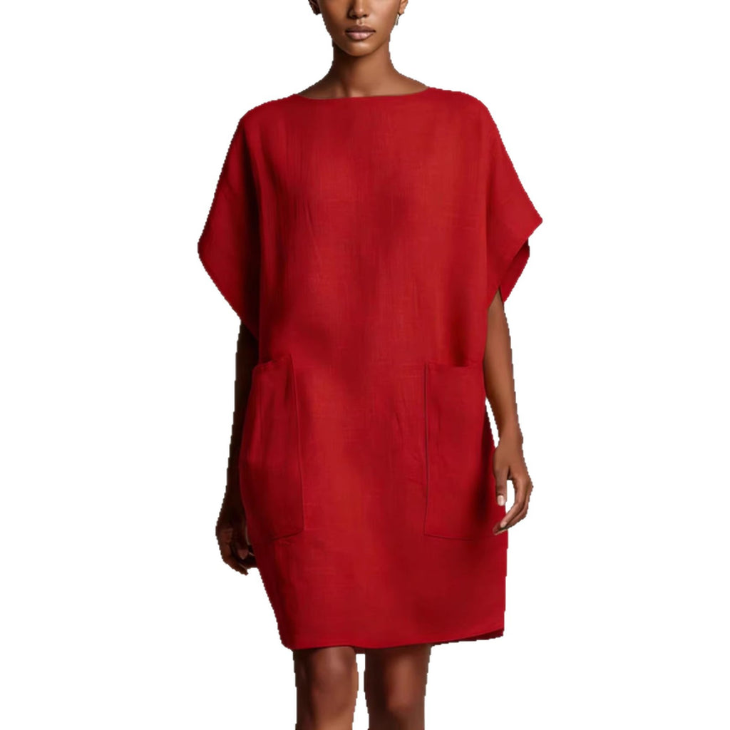 Womens Loose-Fitting Boatneck Dress With Batwing Sleeves And Large Pockets