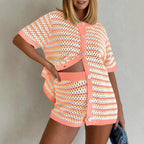 Spring Summer New Womens Knitted Colorblock Striped Short-Sleeve Two-Piece Set