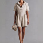 Womens Casual Long-Sleeve Lapel-Neck Split Jumpsuit