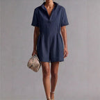 Womens Casual Long-Sleeve Lapel-Neck Split Jumpsuit