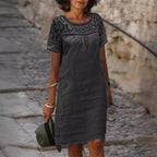 Casual Lace-Patchwork Crew-Neck Cotton-Linen Solid-Color Short-Sleeve Dress