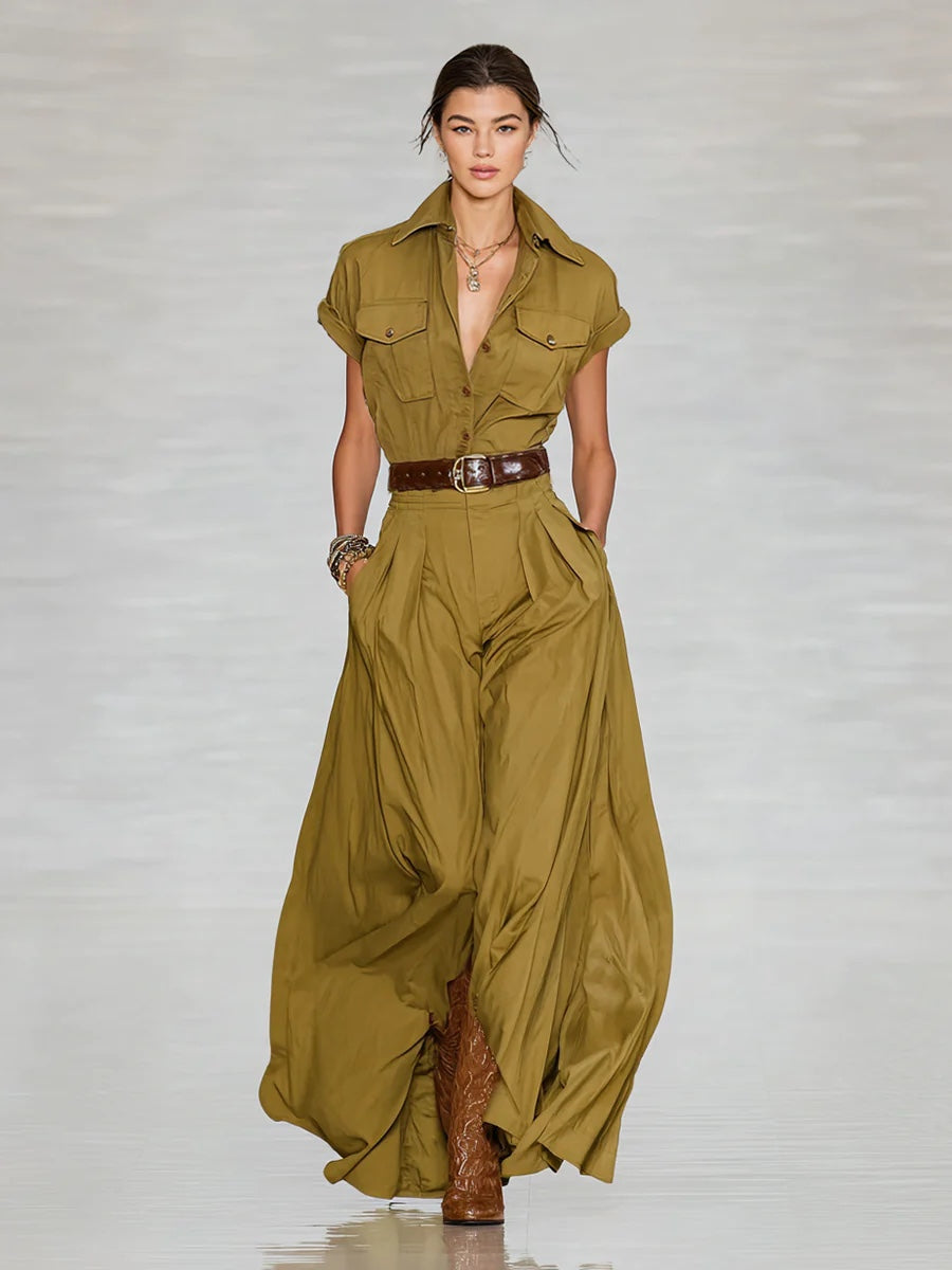 Short-sleeve Shirt-style Long Dress With Pockets