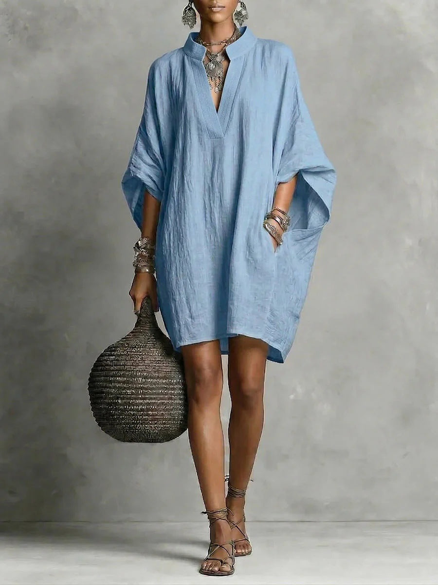 Womens SpringSummer Casual Mid-Sleeve Solid-Color Dress