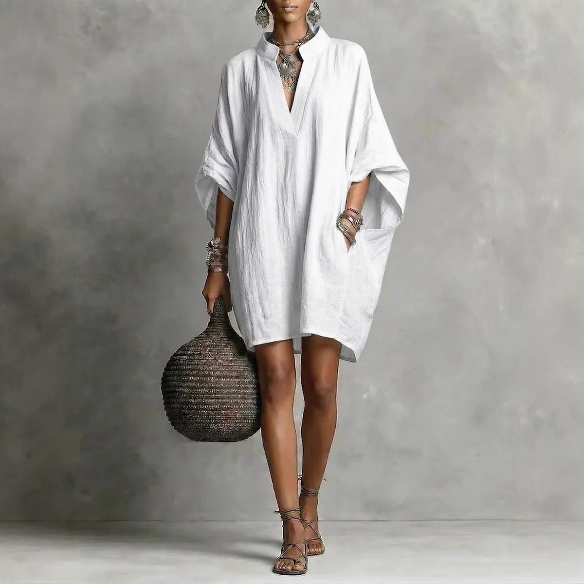 Womens SpringSummer Casual Mid-Sleeve Solid-Color Dress