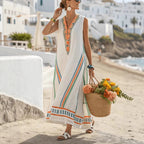 V-neck Three-quarter-length Sleeves Long Caftan Dress With Patch Pockets