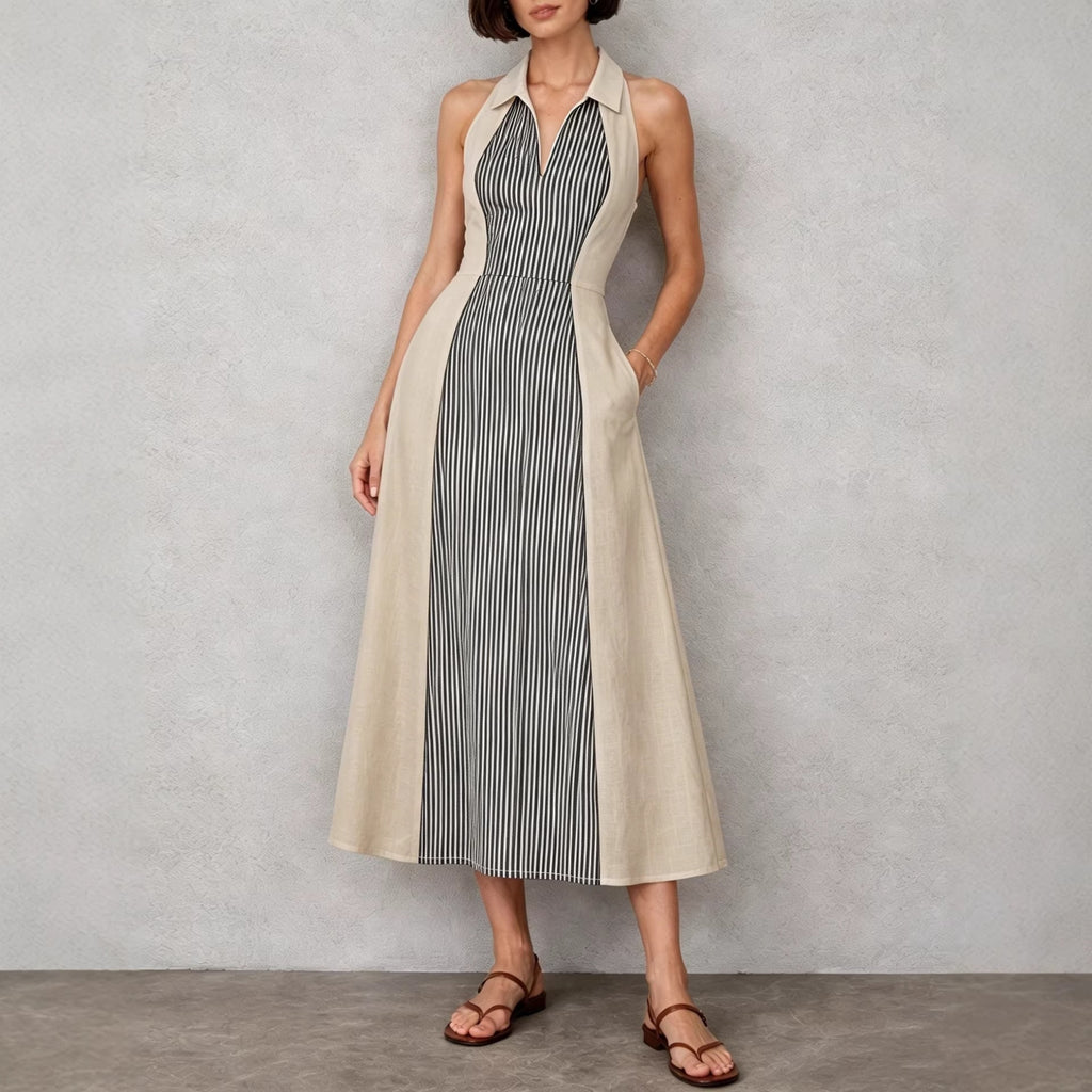Womens Shirts Collar Defined Waistline Striped Long Swing Dress