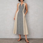 Womens Shirts Collar Defined Waistline Striped Long Swing Dress