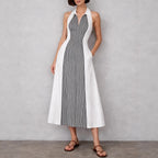 Womens Shirts Collar Defined Waistline Striped Long Swing Dress