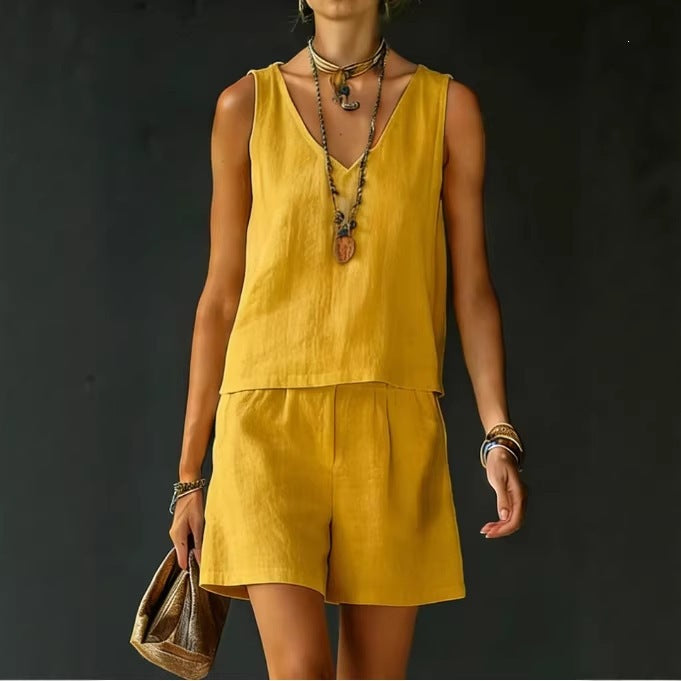 Sleeveless Linen Cotton Top Vest And Shorts Womens Solid Color Two-Piece Set