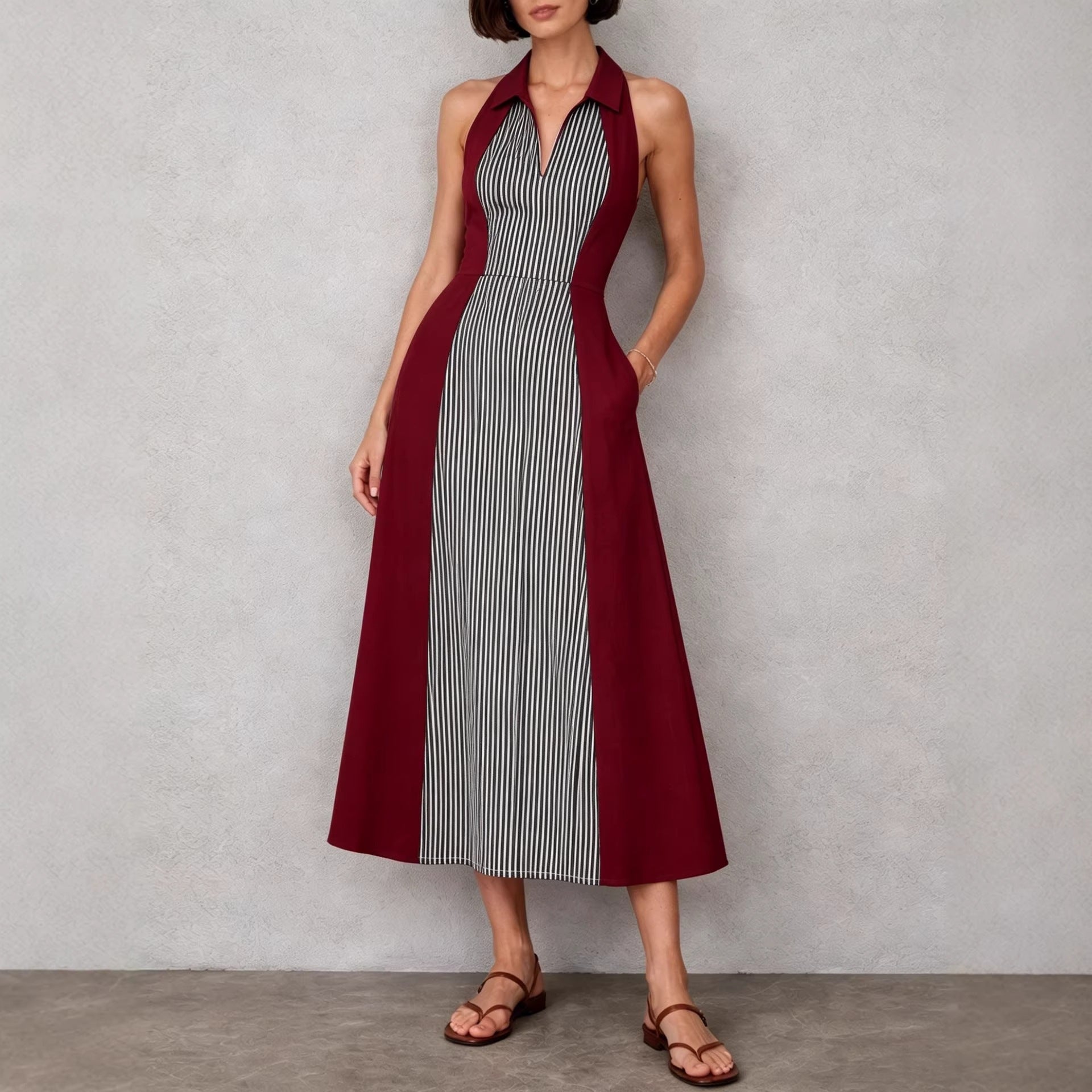 Womens Shirts Collar Defined Waistline Striped Long Swing Dress