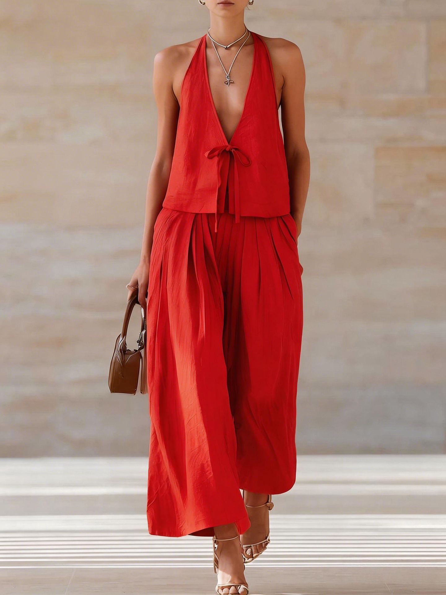 Fashionable Casual Sleeveless Vest And Loose Wide-Leg Pants Womens Set