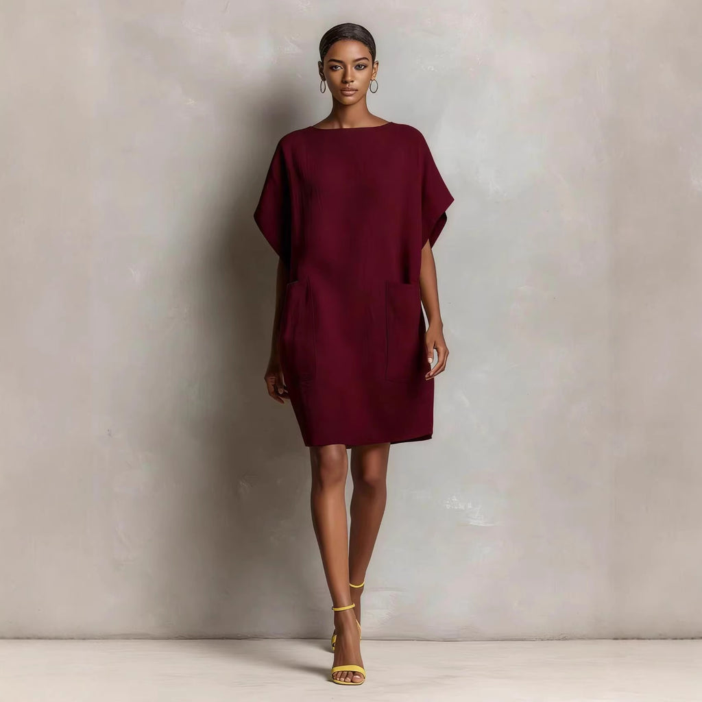 Womens Loose-Fitting Boatneck Dress With Batwing Sleeves And Large Pockets
