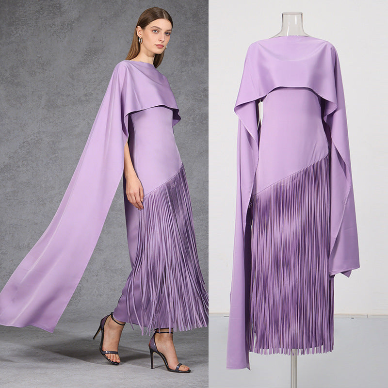 Misty Purple Asymmetrical Fringe Cloak-Style Evening Gown Long Dress