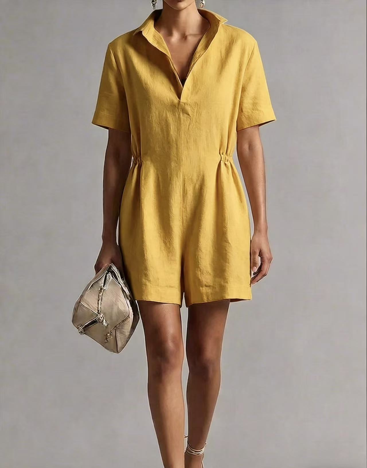 Womens Casual Long-Sleeve Lapel-Neck Split Jumpsuit