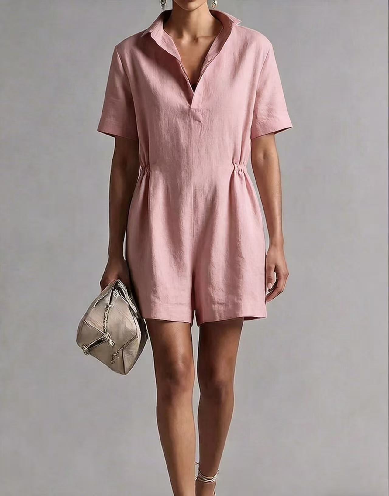 Womens Casual Long-Sleeve Lapel-Neck Split Jumpsuit
