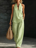 Striped Wide-leg Pants Womens Fashionable Two-piece Set