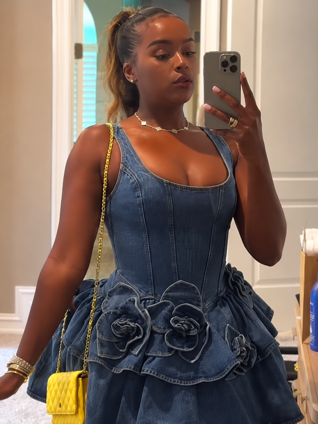 Denim Corset Mini Dress with 3D Floral Ruffle Skirt