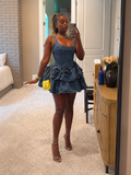 Denim Corset Mini Dress with 3D Floral Ruffle Skirt