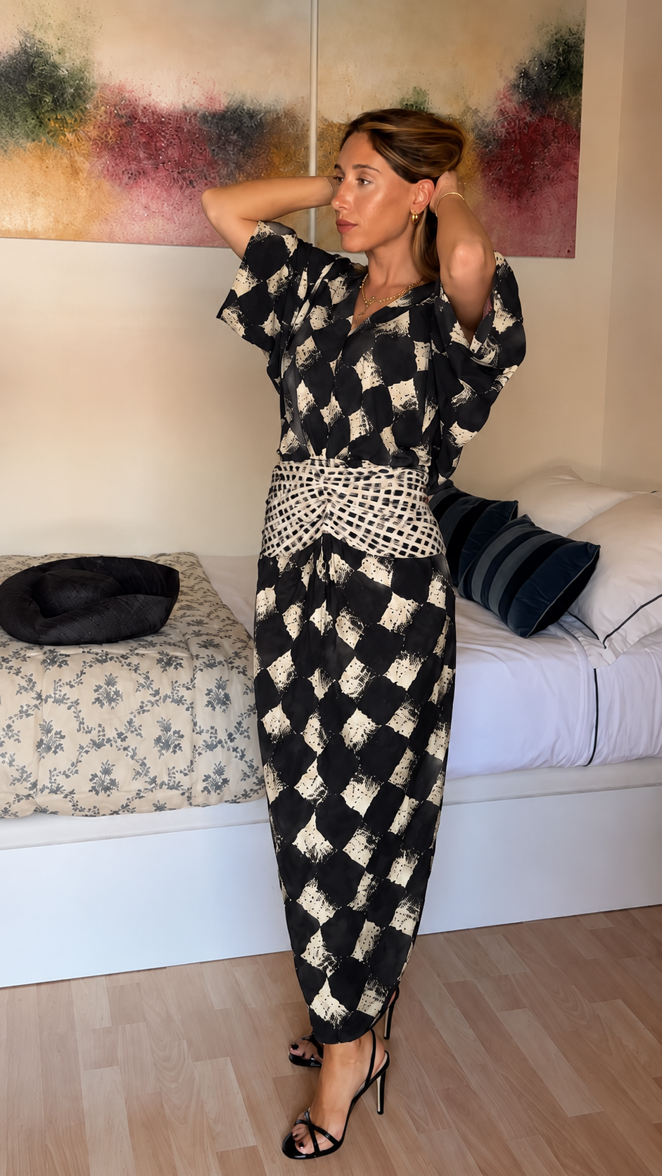 Crochet Waist Printed Kimono Maxi Dress