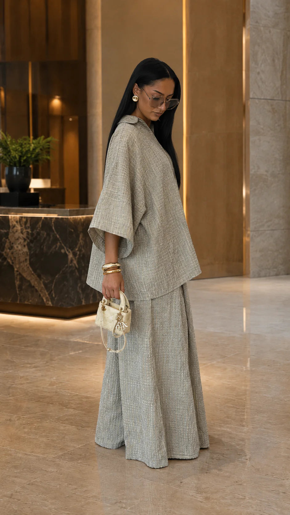 Textured Oversized Button-Up Shirt & Wide-Leg Pant Set
