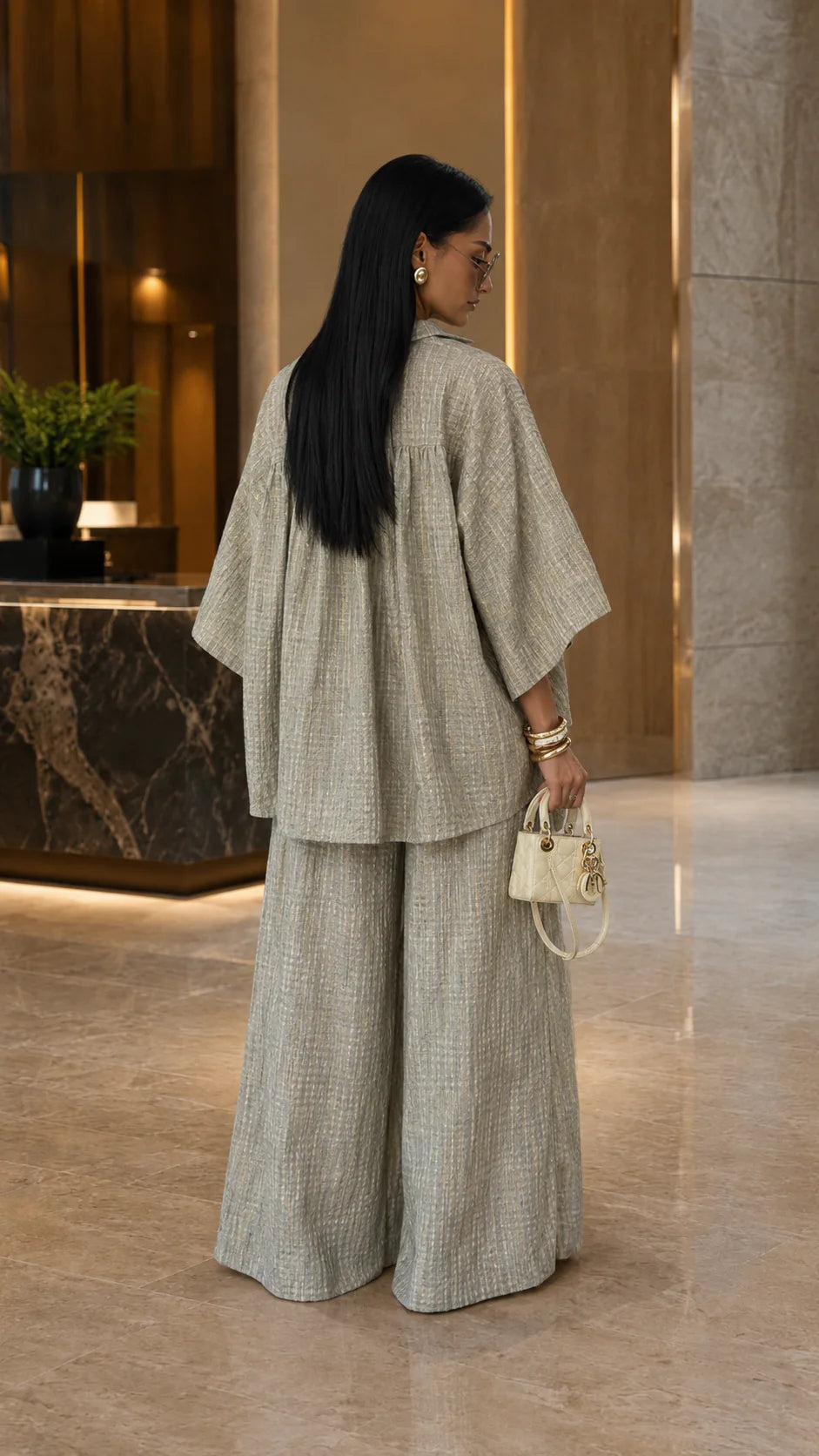 Textured Oversized Button-Up Shirt & Wide-Leg Pant Set