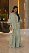 Textured Oversized Button-Up Shirt & Wide-Leg Pant Set