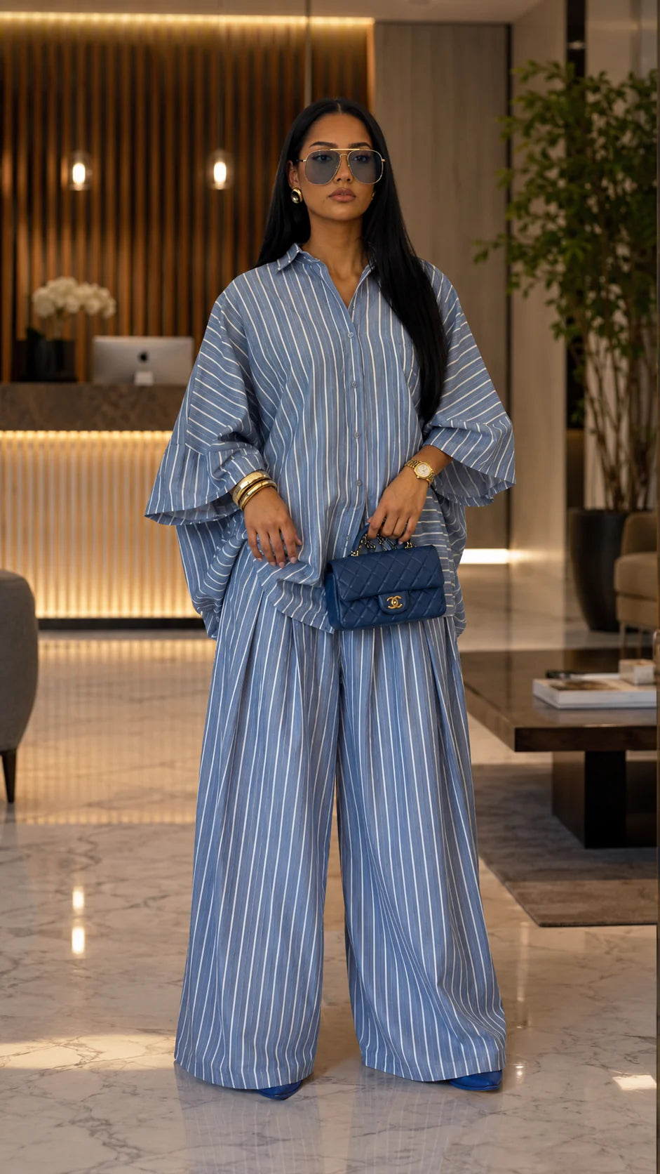 Oversized Striped Button-Up Shirt & Wide-Leg Pant Set