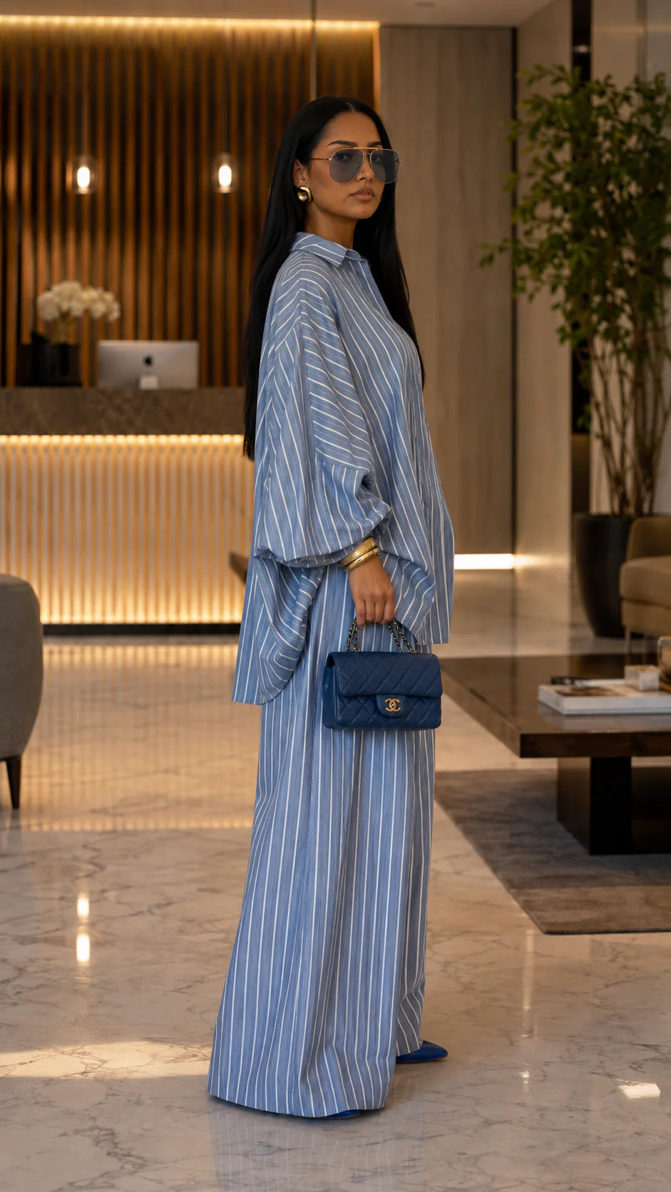 Oversized Striped Button-Up Shirt & Wide-Leg Pant Set