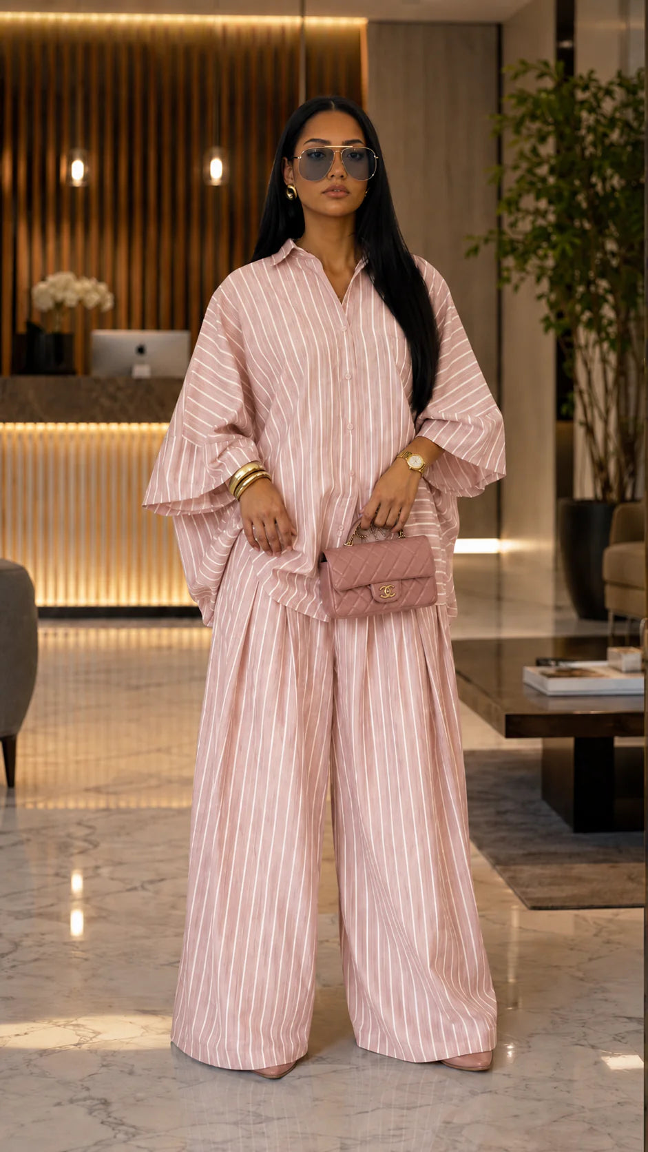 Oversized Striped Button-Up Shirt & Wide-Leg Pant Set