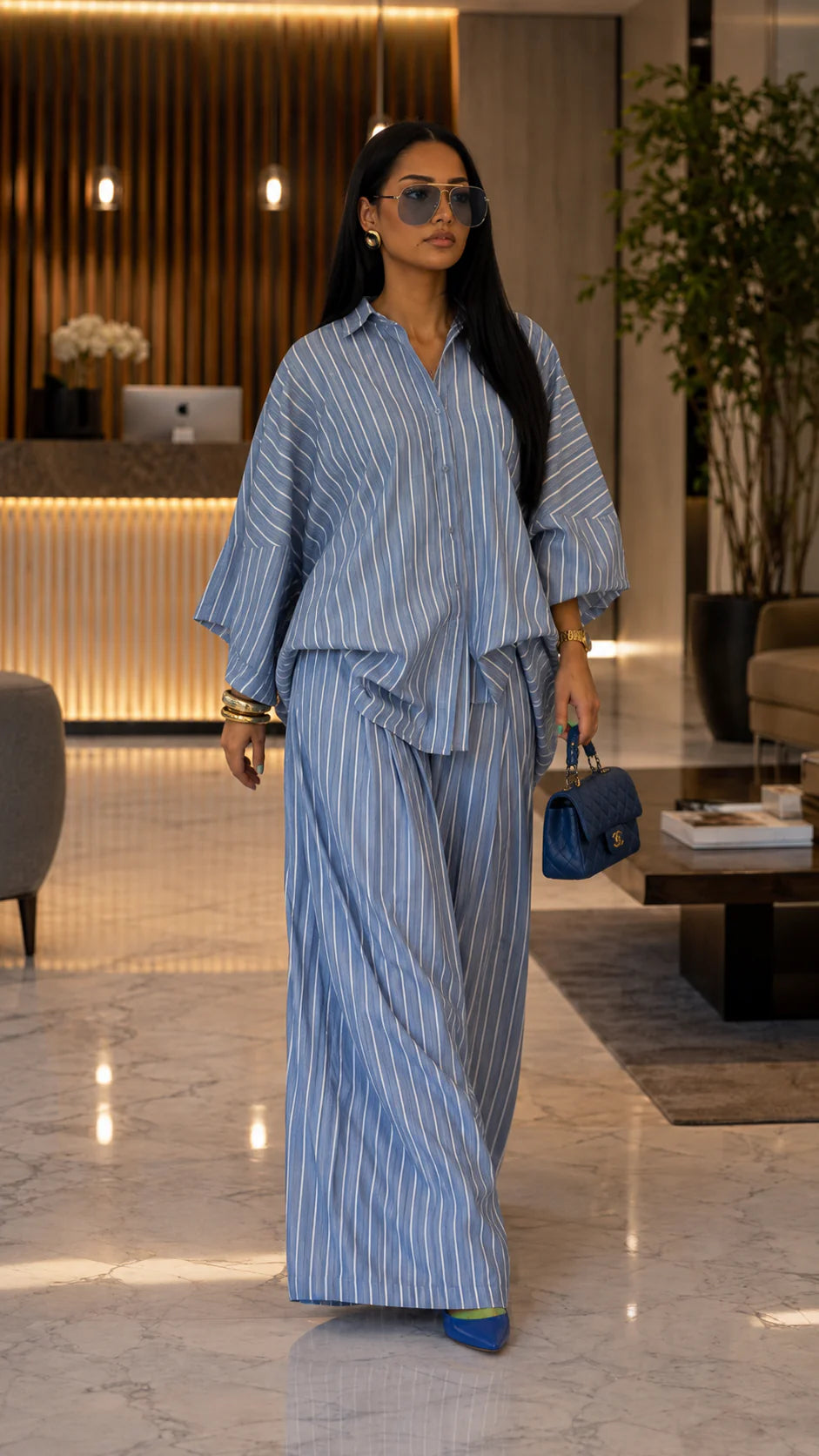 Oversized Striped Button-Up Shirt & Wide-Leg Pant Set