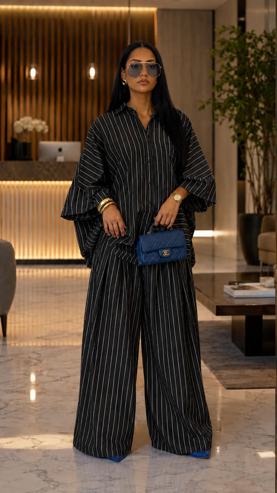 Oversized Striped Button-Up Shirt & Wide-Leg Pant Set