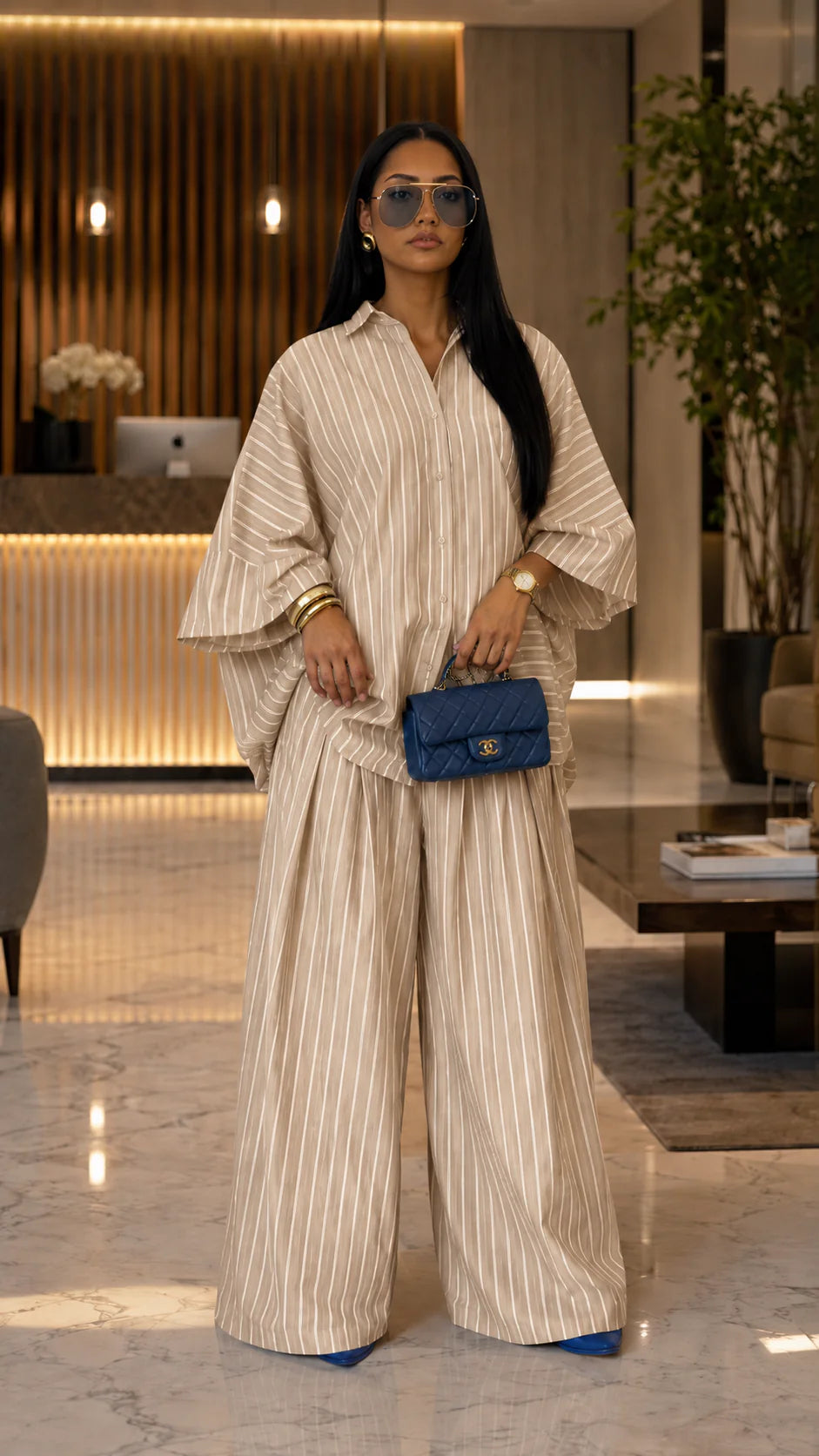 Oversized Striped Button-Up Shirt & Wide-Leg Pant Set