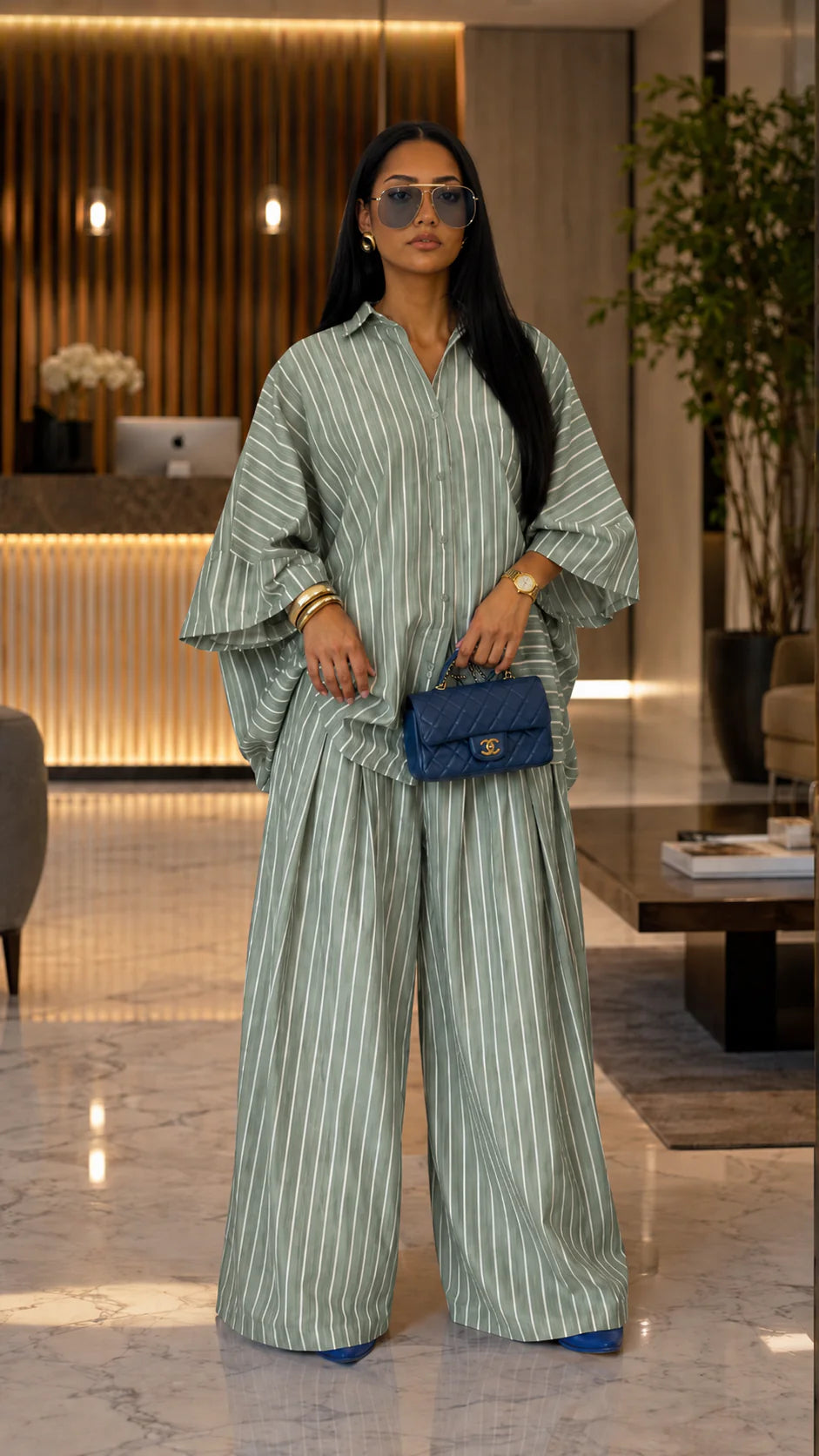 Oversized Striped Button-Up Shirt & Wide-Leg Pant Set