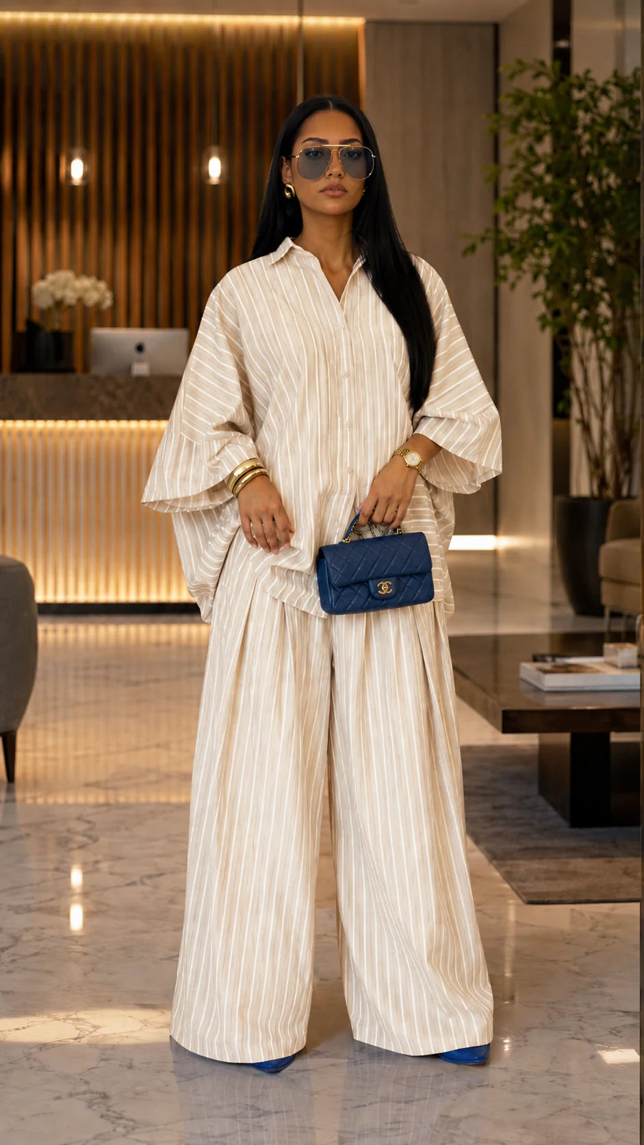 Oversized Striped Button-Up Shirt & Wide-Leg Pant Set