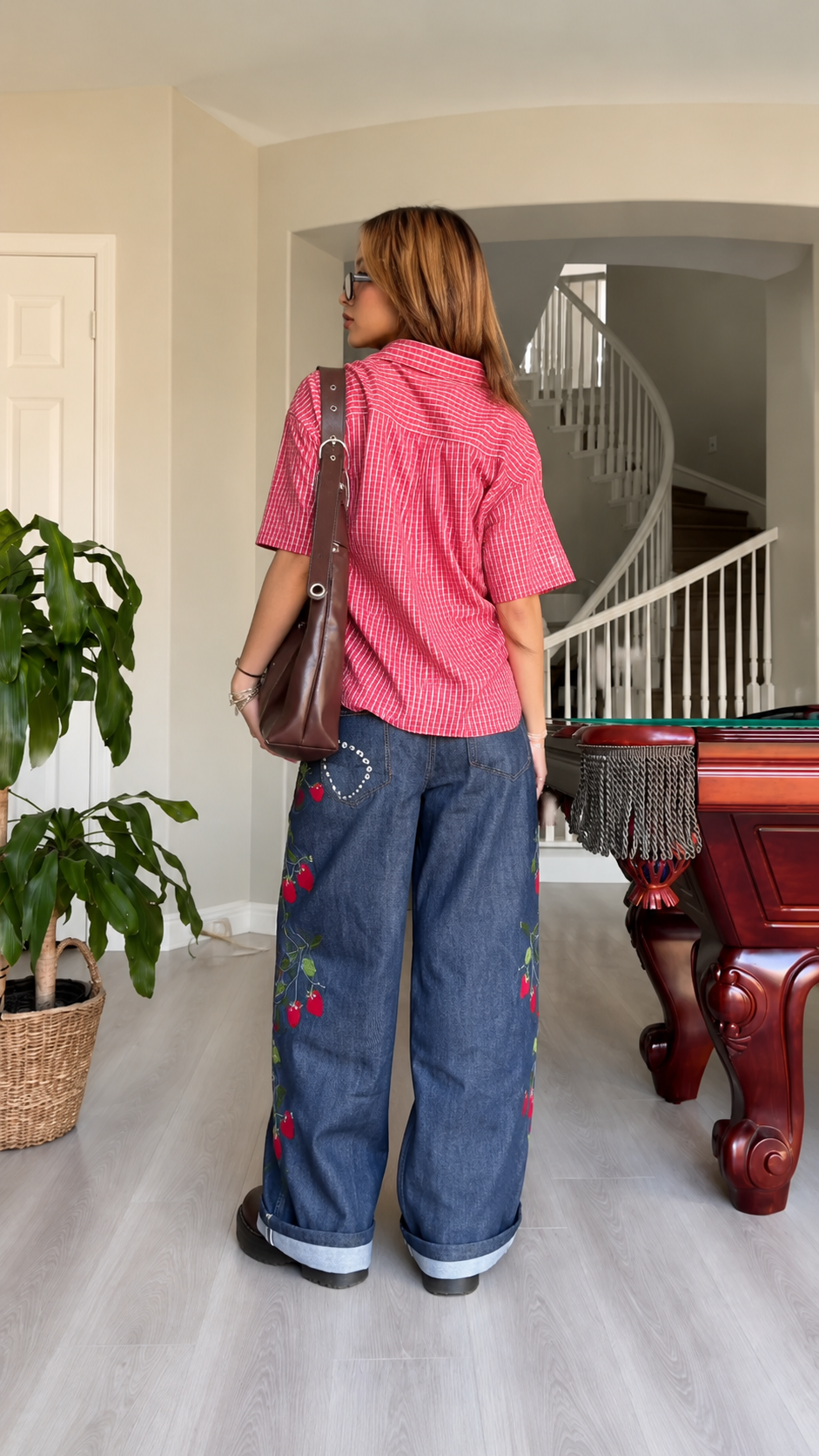 Cherry Embroidered Denim Pants & Striped Shirt Set