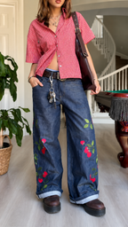 Cherry Embroidered Denim Pants & Striped Shirt Set