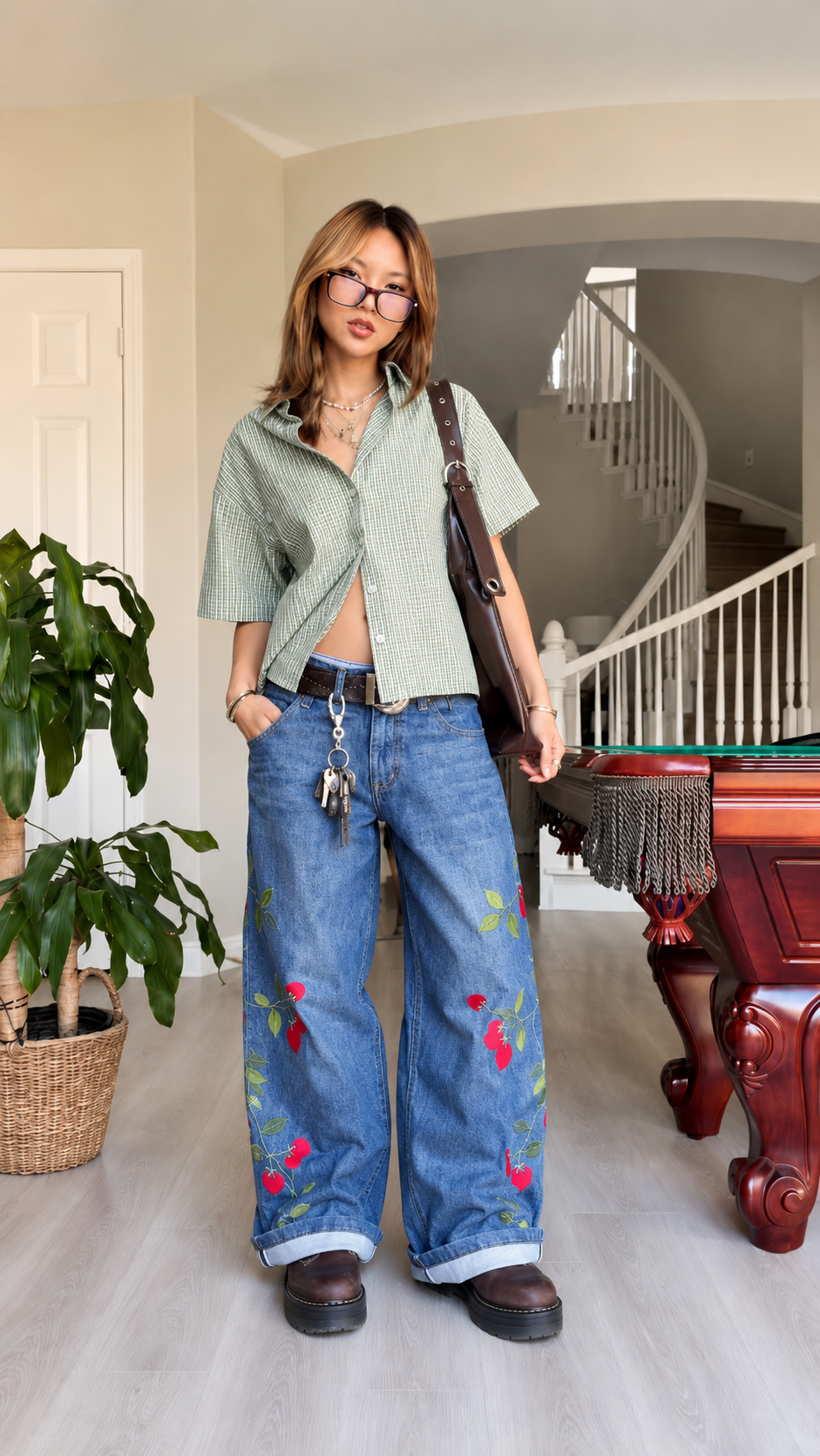 Cherry Embroidered Denim Pants & Striped Shirt Set