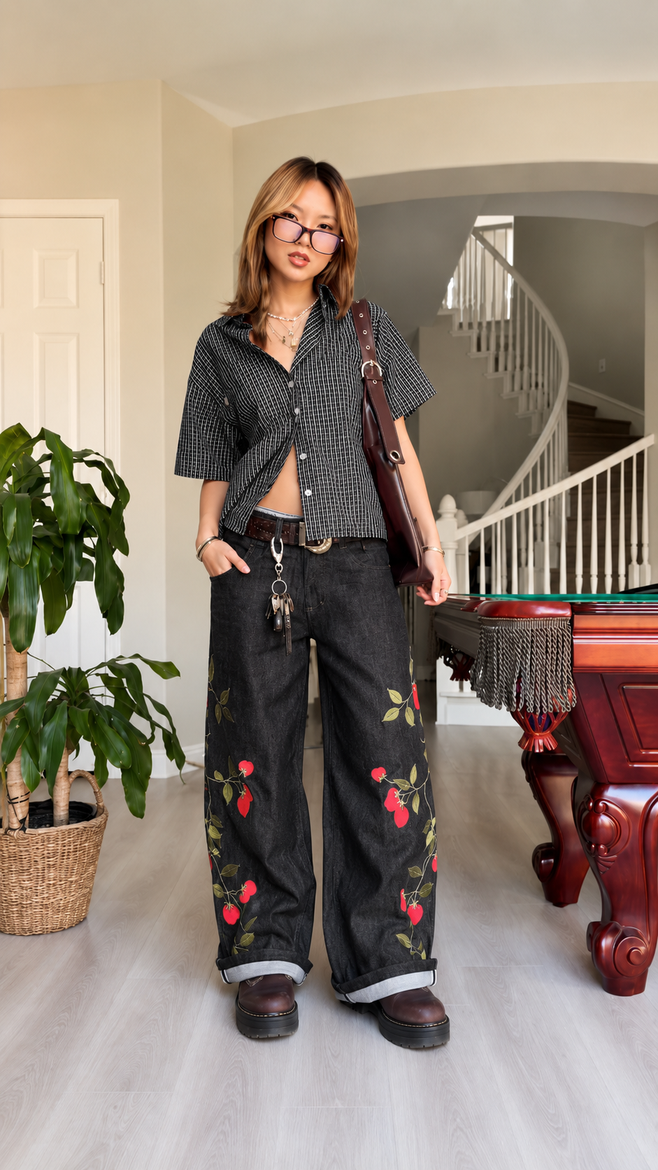 Cherry Embroidered Denim Pants & Striped Shirt Set