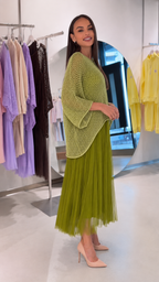 Open-Knit Poncho Top & Pleated Tulle Midi Skirt Set